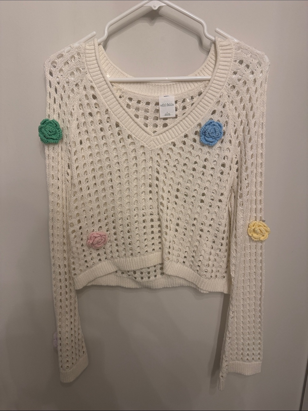 wild fable Cream Open-Knit V-Neck Sweater with Pastel Crochet Flowers